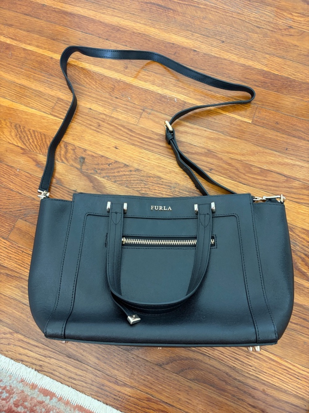 Furla Black Leather Satchel with Detachable Strap